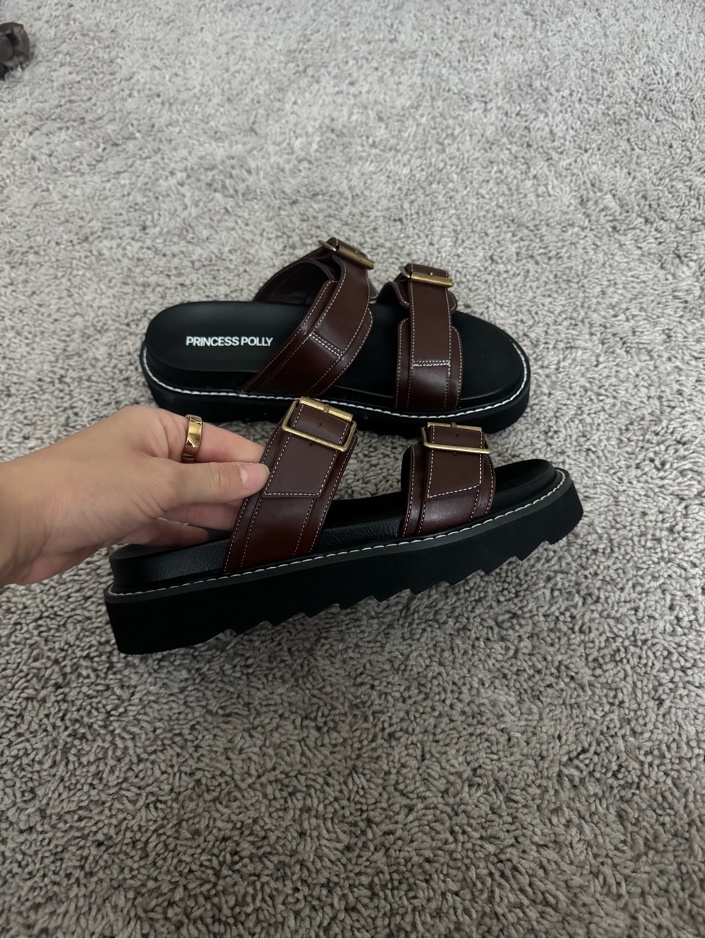 NWOT Princess Polly Brown Double Buckle Platform Slide Sandals